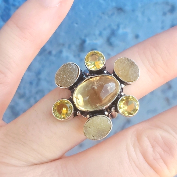 New Golden Rutile, Citrine and Druzy 925 Silver Ring. - Picture 11 of 16